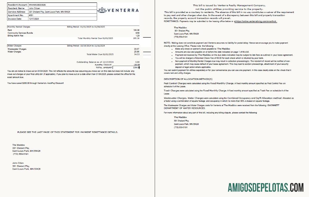 em branco Modelo de conta de serviços públicos Venterra dos EUA em formatos Word e PDF, 2 páginas